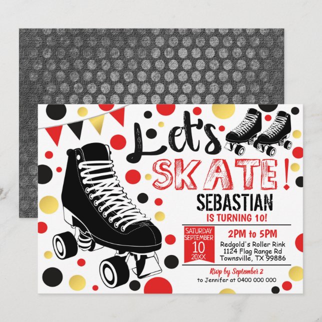 Convites Roller Skating Invitation Rollerskating Party Red (Frente/Verso)