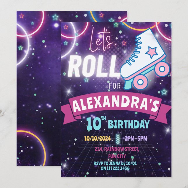Convites Roller Sking Neon Birthday Girl Brilhante (Frente/Verso)