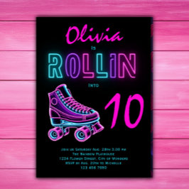 Convites Roller Skling Party Girls Neon Glow Birthday