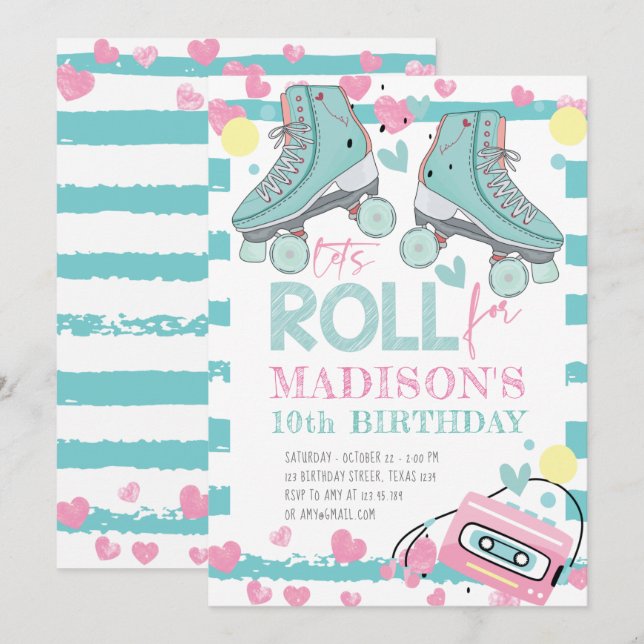 Convites Roller Skling Pastel Blue Pink Girl Aniversário (Frente/Verso)