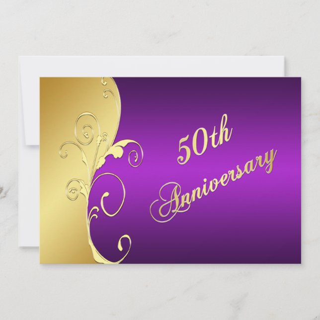 Convites Rolos Dourados do 50º Aniversário com Roxo (Frente)