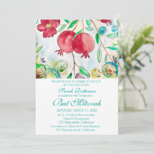 Convites Romã Elegante Floral Menina Judia Bat Mitzvah