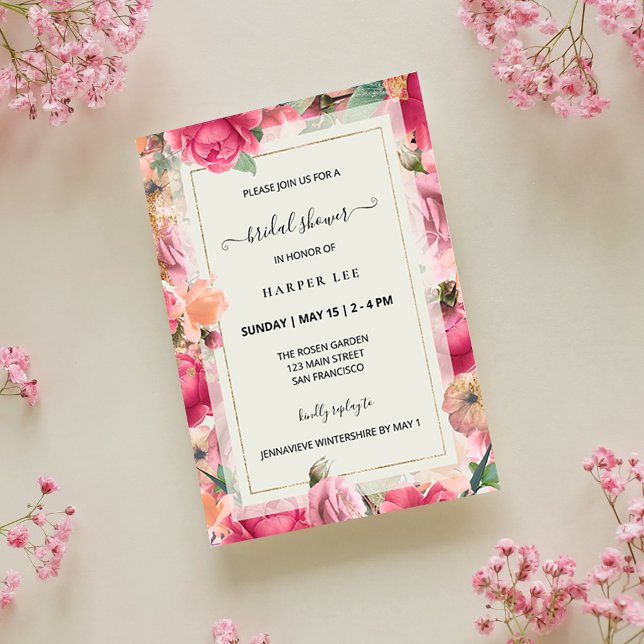 Convites Romance Blush Roses Rosa Chá de panela do Jardim (Romance Blush Pink Roses Gold Frame Modern Floral Garden Bridal Shower Invitation)