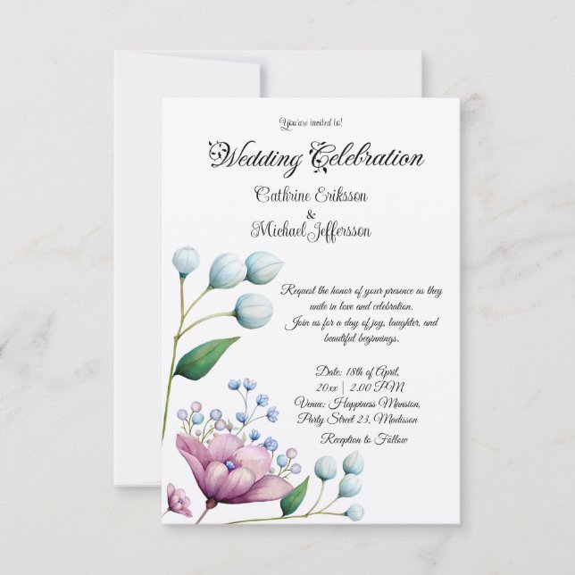 Convites Romance Botânico Suave De Casamento Floral Elegant (Frente)