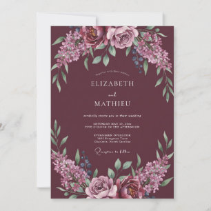 Convites Romance Casamento com Grinalda Floral Borgonha