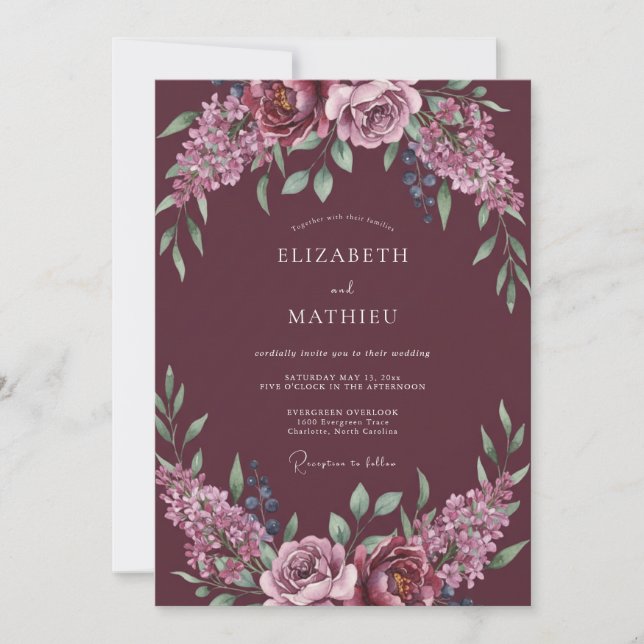 Convites Romance Casamento com Grinalda Floral Borgonha (Frente)