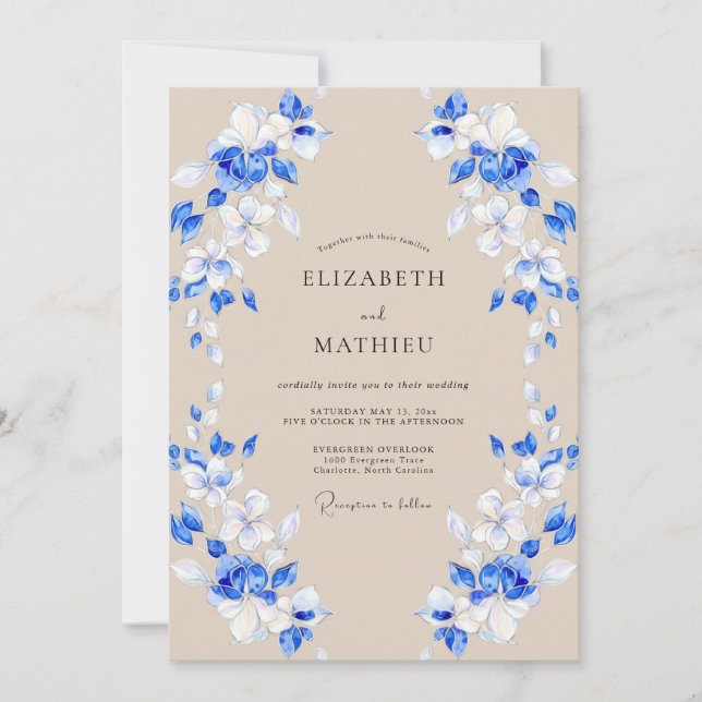 Convites Romance Casamento Flor de Azul Cobalto (Frente)