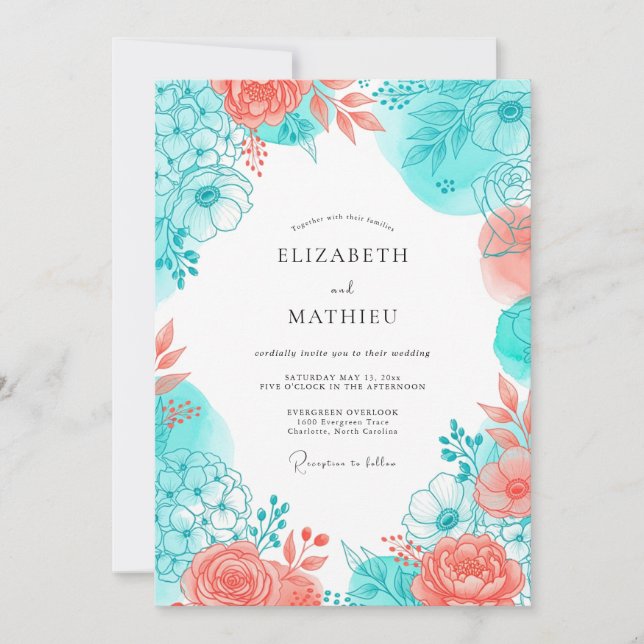 Convites Romance Casamento Flor de Coral Azul (Frente)