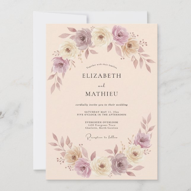 Convites Romance Casamento Flor de Mauve Suave (Frente)