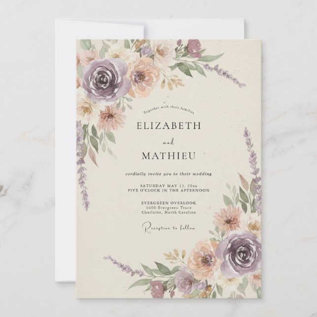 Convites Romance Casamento Flor de Pêssego Lilás (Frente)