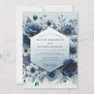Convites Romance Casamento Flor Slate Azul