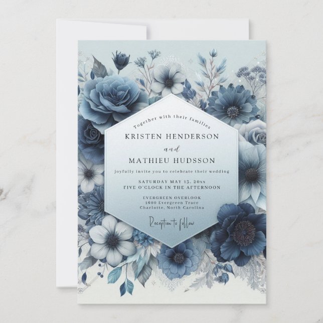 Convites Romance Casamento Flor Slate Azul (Frente)