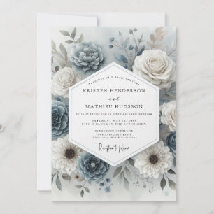 Convites Romance Casamento Flor Slate Azul