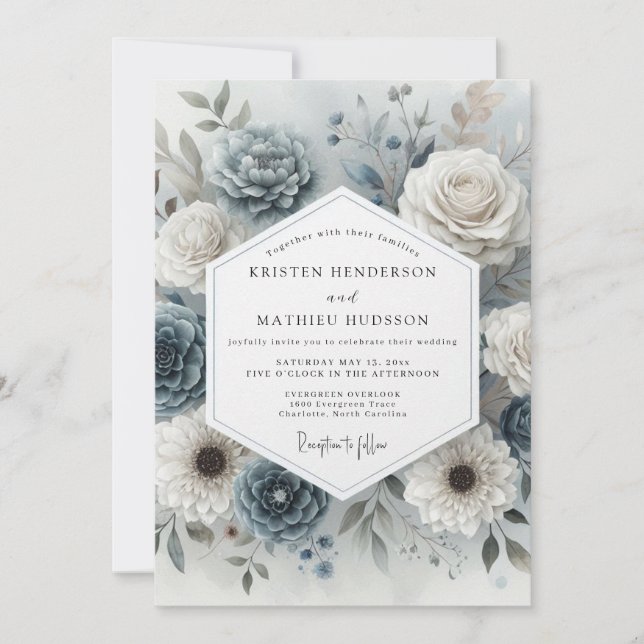 Convites Romance Casamento Flor Slate Azul (Frente)