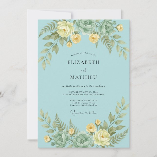 Convites Romance Casamento Flor Teal Verdejante (Frente)