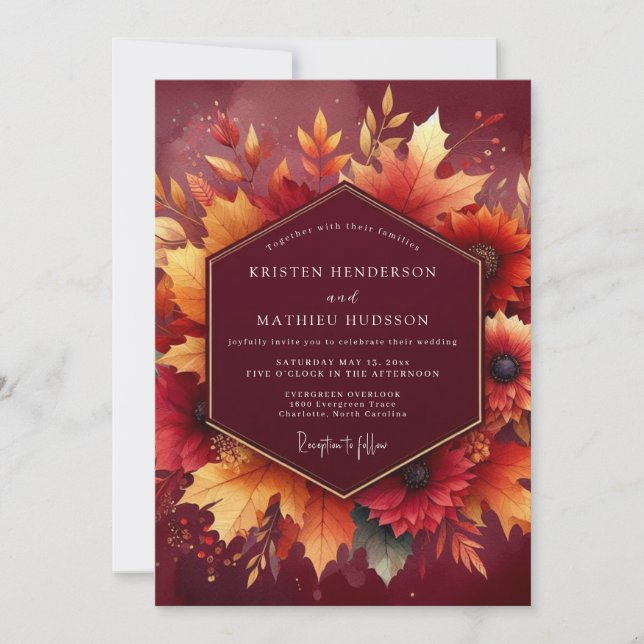 Convites Romance de Casamento com Folhagem Outonal Borgonha (Frente)