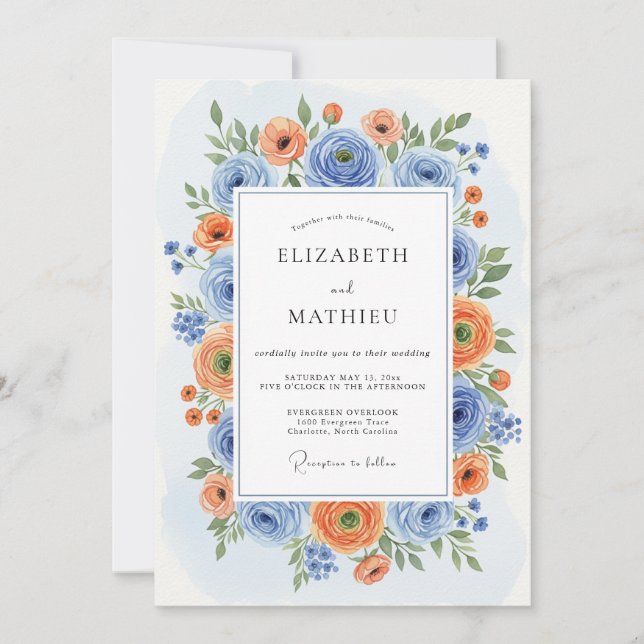 Convites Romance de Casamento Flor de Laranjeira Azul (Frente)