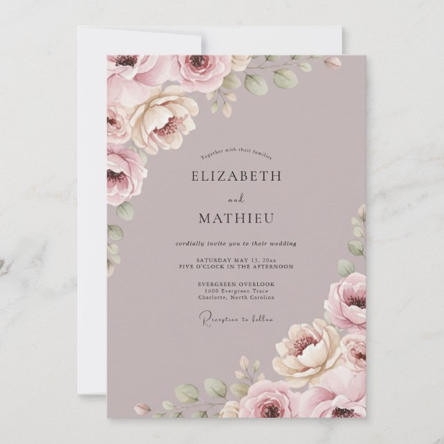 Convites Romance de Casamento Floral Macio Bege (Frente)
