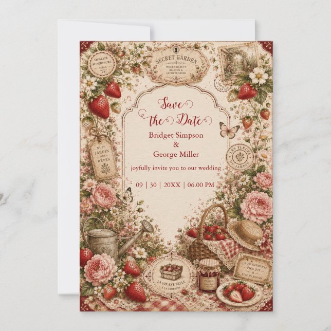 Convites Romance de Casamento no Jardim de Frutas Encantado (Frente)