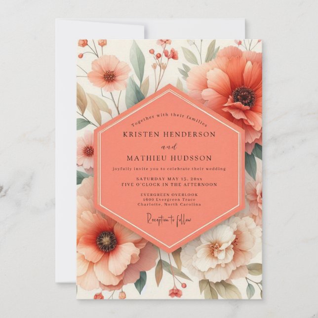 Convites Romance de Flor de Coral Casamento (Frente)