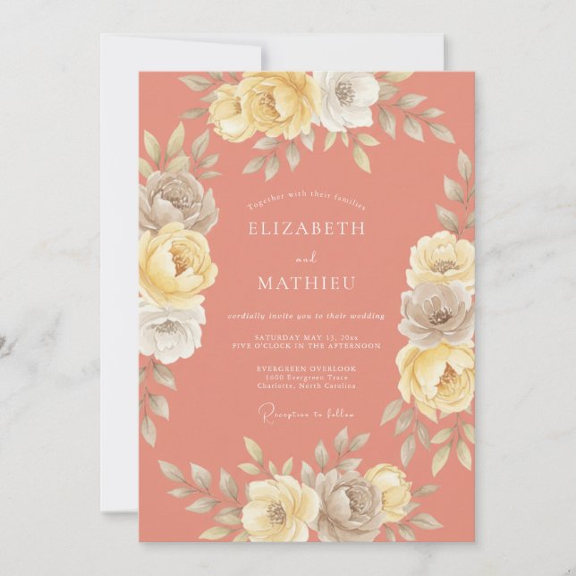Convites Romance Floral Casamento Coral Blush (Frente)