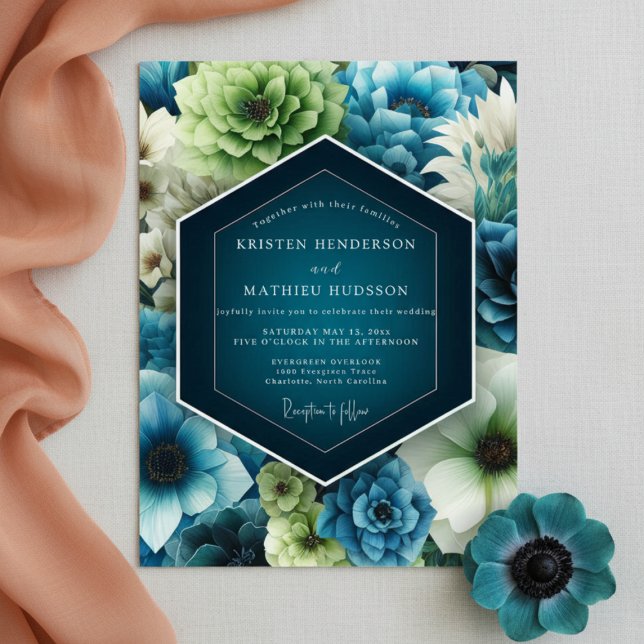 Convites Romance Floral Casamento Flor Teal (Criador carregado)