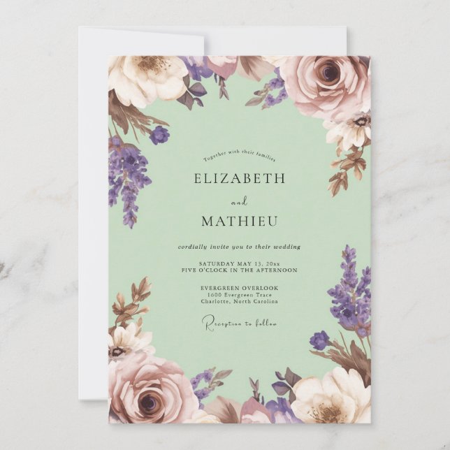 Convites Romance Floral Casamento Lavanda Rubor (Frente)