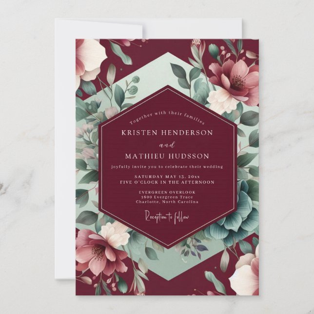 Convites Romance Floral de Borgonha Casamento (Frente)