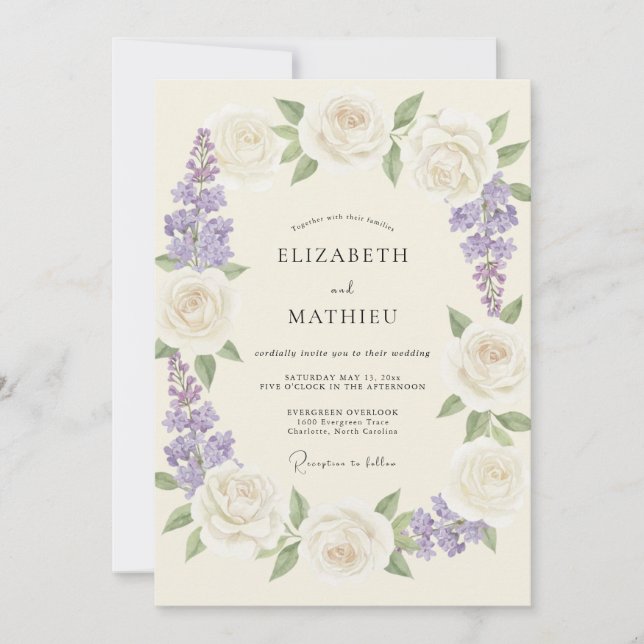 Convites Romance Floral de Creme de Lavanda Casamento (Frente)