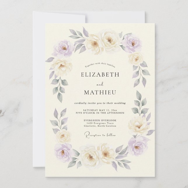 Convites Romance Floral de Lavanda Creme Casamento (Frente)