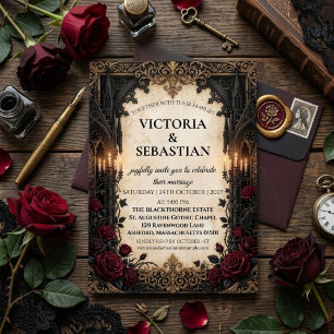 Convites Romance Gótico Dark Academia & Rosas Vermelhas Cas