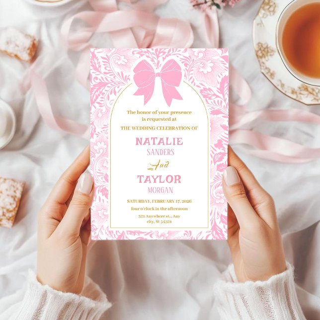 Convites Romance Valentine’s Day Pink Bow Floral Wedding (Criador carregado)