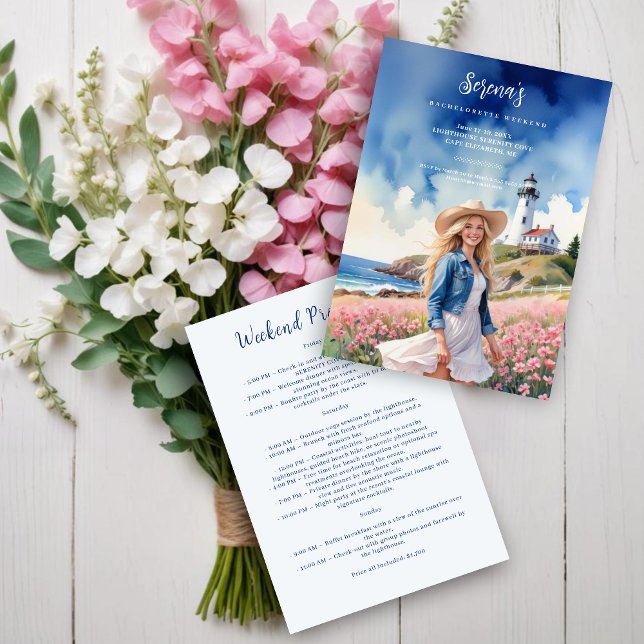 Convites Romantic Blonde Cowgirl Chic Landscape Lighthouse (Romantic Blonde Cowgirl on Marine Landscape with Lighthouse Bachelorette Weekend Invitation Card.)