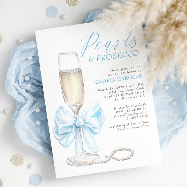 Convites Romantic Blue Bow Pearls & Prosecco Bridal Shower (Pearls and Prosecco Dusty Blue Bow Elegant Bridal Shower Invitation)