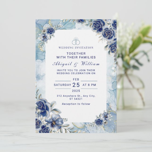 Convites Romantic Blue Flower Floral Wedding Invitation (Em pé/Frente)