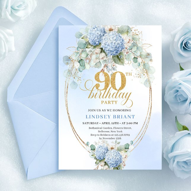 Convites Romantic Blue Hydrangea Gold Frame 90th Birthday (Romantic Blue Hydrangea Gold Frame 90th Birthday)
