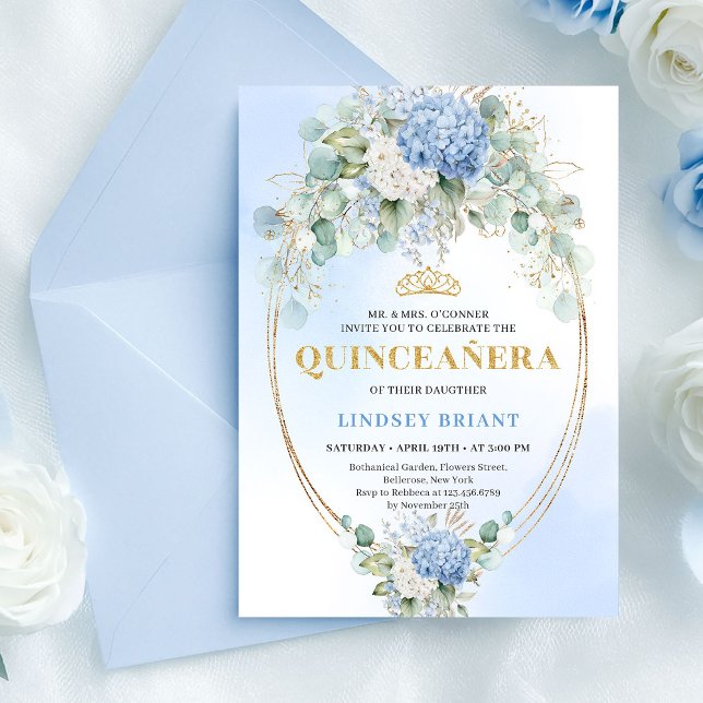 Convites Romantic Blue Hydrangeas Gold Quinceañera Invites (Romantic Blue Hydrangeas Gold Quinceañera Invitation)
