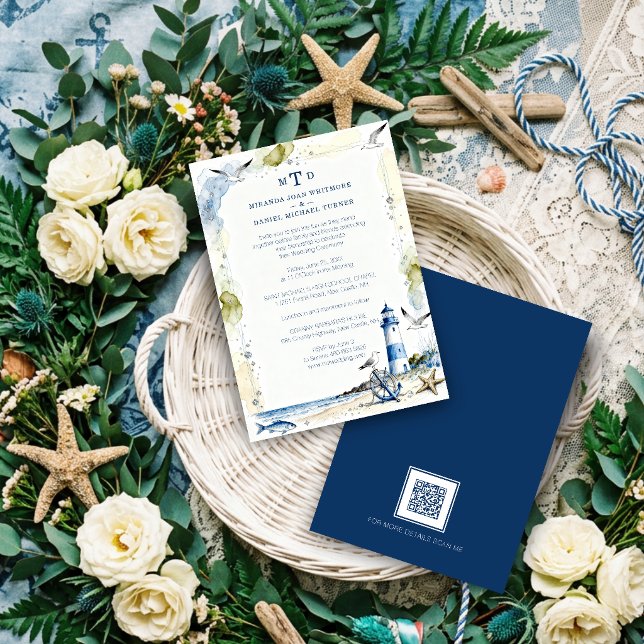 Convites Romantic Blue Nautical Lighthouse Coastal Wedding (Romantic Blue Nautical Lighthouse & Coastal Wedding Beach Shore Marine Theme Invitation. )