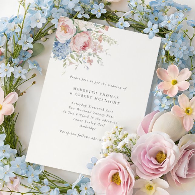 Convites Romantic Blue & Pink Pastel Floral Wedding (Criador carregado)