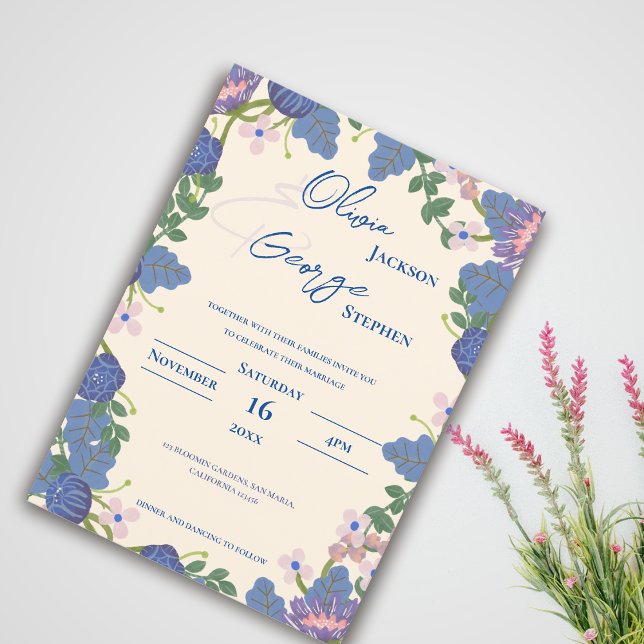 Convites Romantic Blue & Purple Florals Garden Wedding (Romantic Blue & Purple Florals Garden Wedding Invitation)