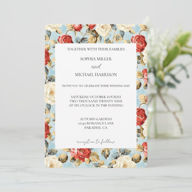 Convites Romantic Blue Red Cream Roses Floral Wedding (Em pé/Frente)