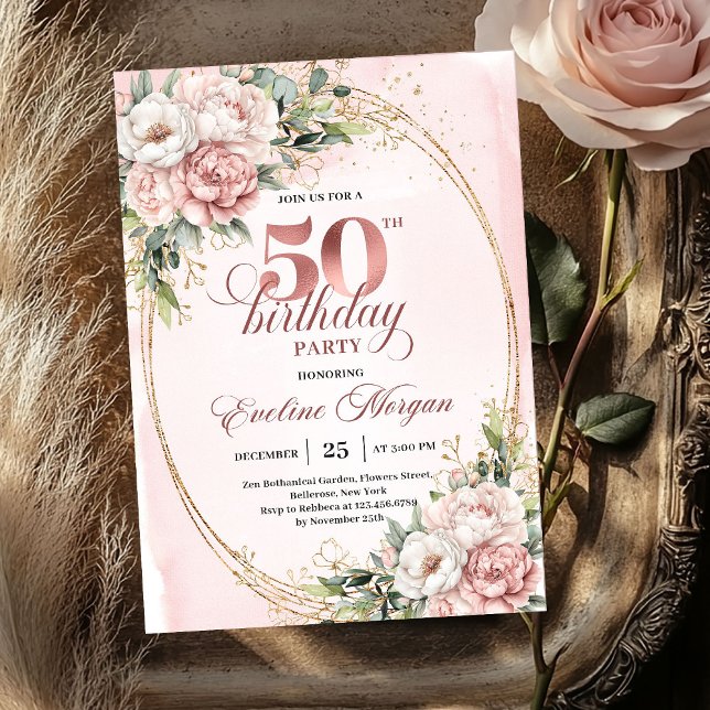 Convites Romantic Blush Eucalyptus 50th Birthday Invitation (Romantic Blush Eucalyptus 50th Birthday Invitation)