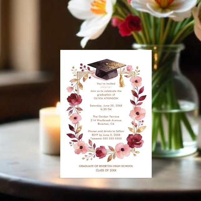 Convites Romantic Blush Pink and Burgundy Graduation (Romantic Blush Pink and Burgundy Floral Frame Graduation Party Invitation Cards.)