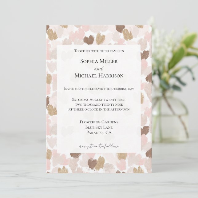 Convites Romantic Blush Pink Brown Cream Hearts Wedding (Em pé/Frente)