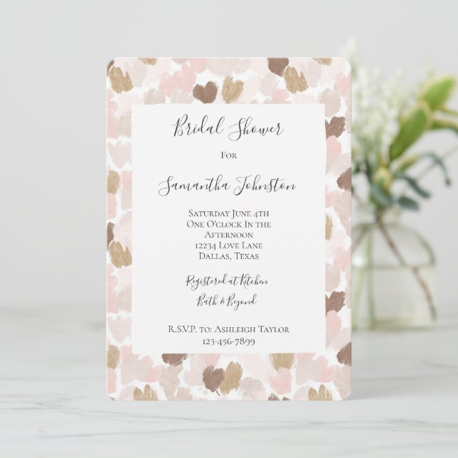 Convites Romantic Blush Pink Brown Hearts Bridal Shower (Em pé/Frente)