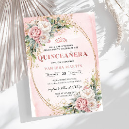 Convites Romantic Blush Pink Floral Greenery Quinceañera