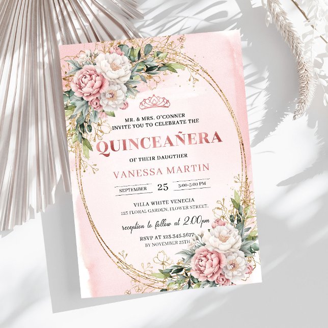 Convites Romantic Blush Pink Floral Greenery Quinceañera (Romantic Blush Pink Floral Greenery Quinceañera)