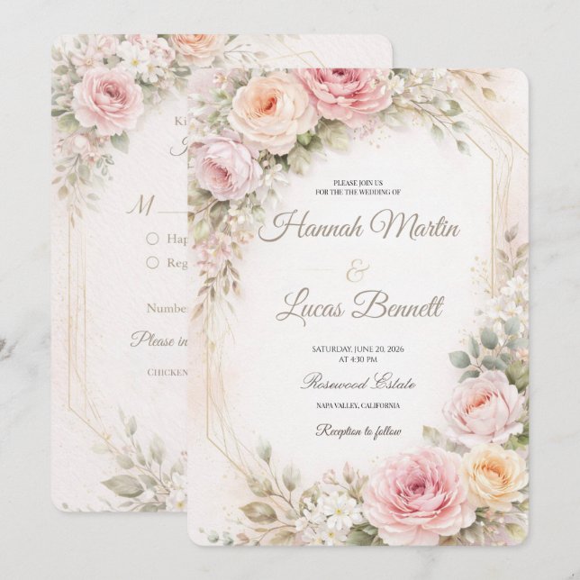 Convites Romantic Blush Pink Floral Wedding Invitation (Frente/Verso)