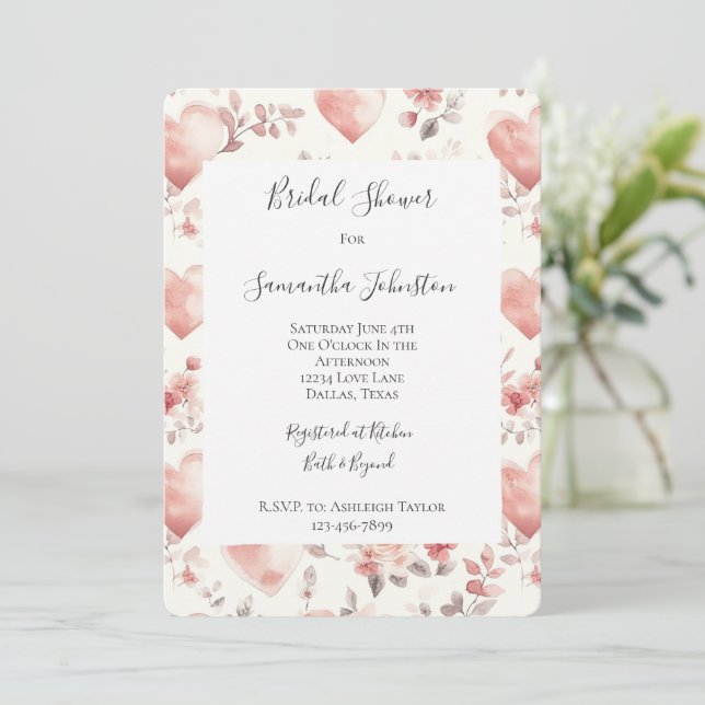 Convites Romantic Blush Pink Hearts Floral Bridal Shower (Em pé/Frente)