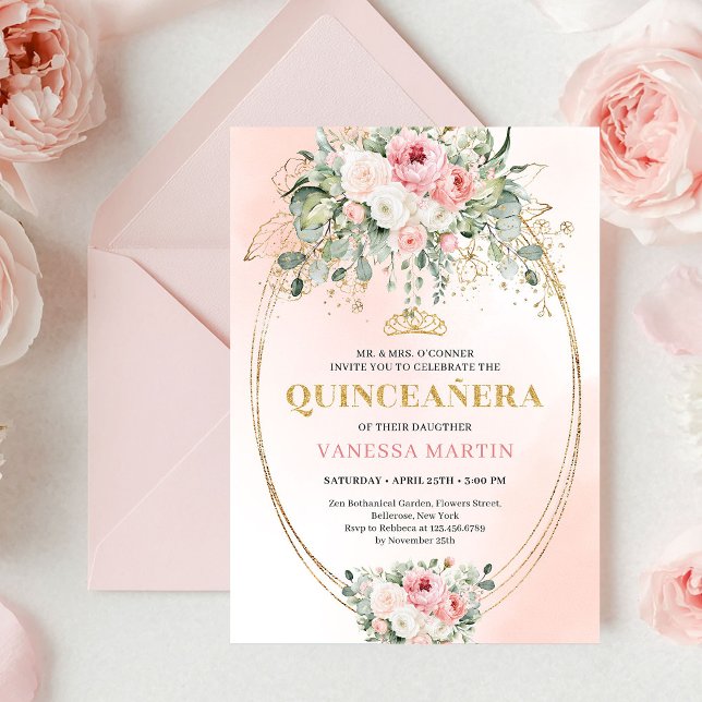 Convites Romantic Blush Roses Bohemian Quinceañera Invite (Romantic Blush Roses Bohemian Quinceañera Invitation)